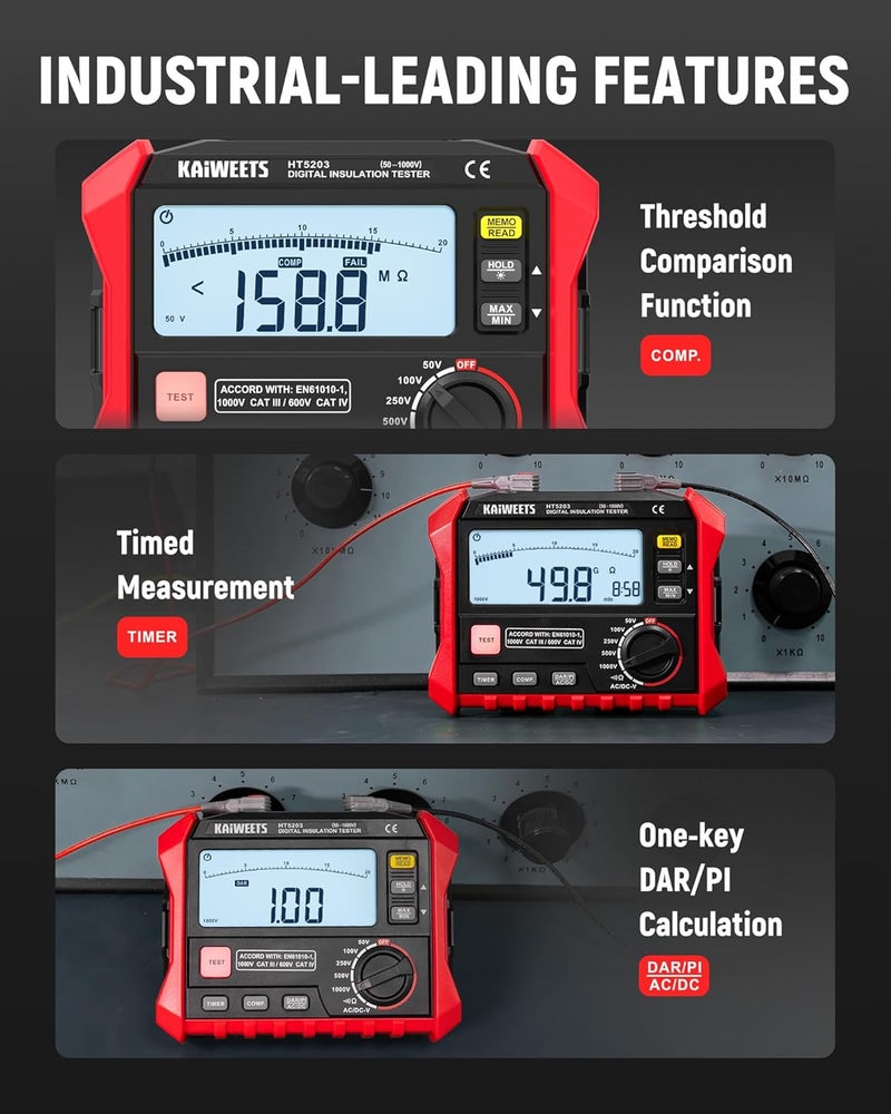 KAIWEETS Megohmmeter, Insulation Resistance Tester, Up to 100GΩ, 50V/100V/250V/500V/1000V, One-Touch DAR/PI, with AC/DC Voltage Testing for Motors, Solar, HVAC - Image 4